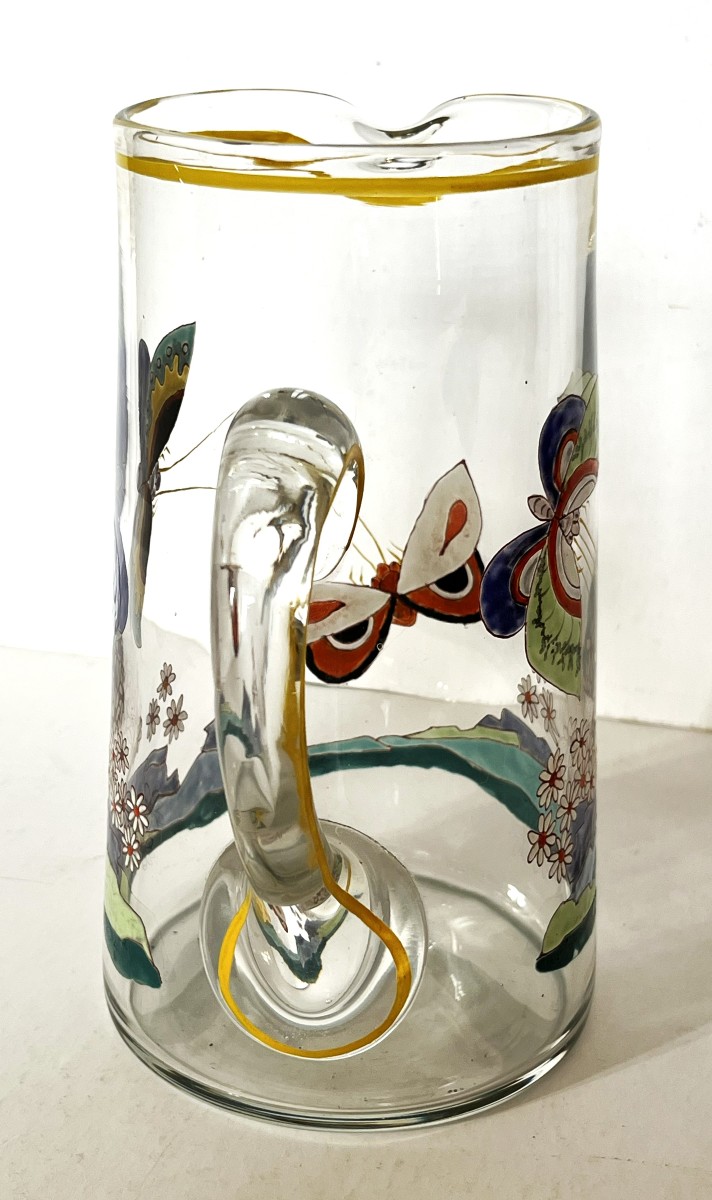 Art Deco Enameled Glass Pitcher With Butterfly Decoration-photo-7