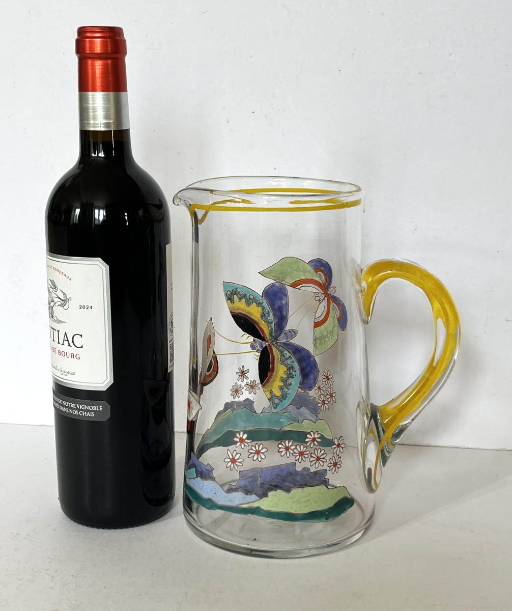 Art Deco Enameled Glass Pitcher With Butterfly Decoration-photo-8