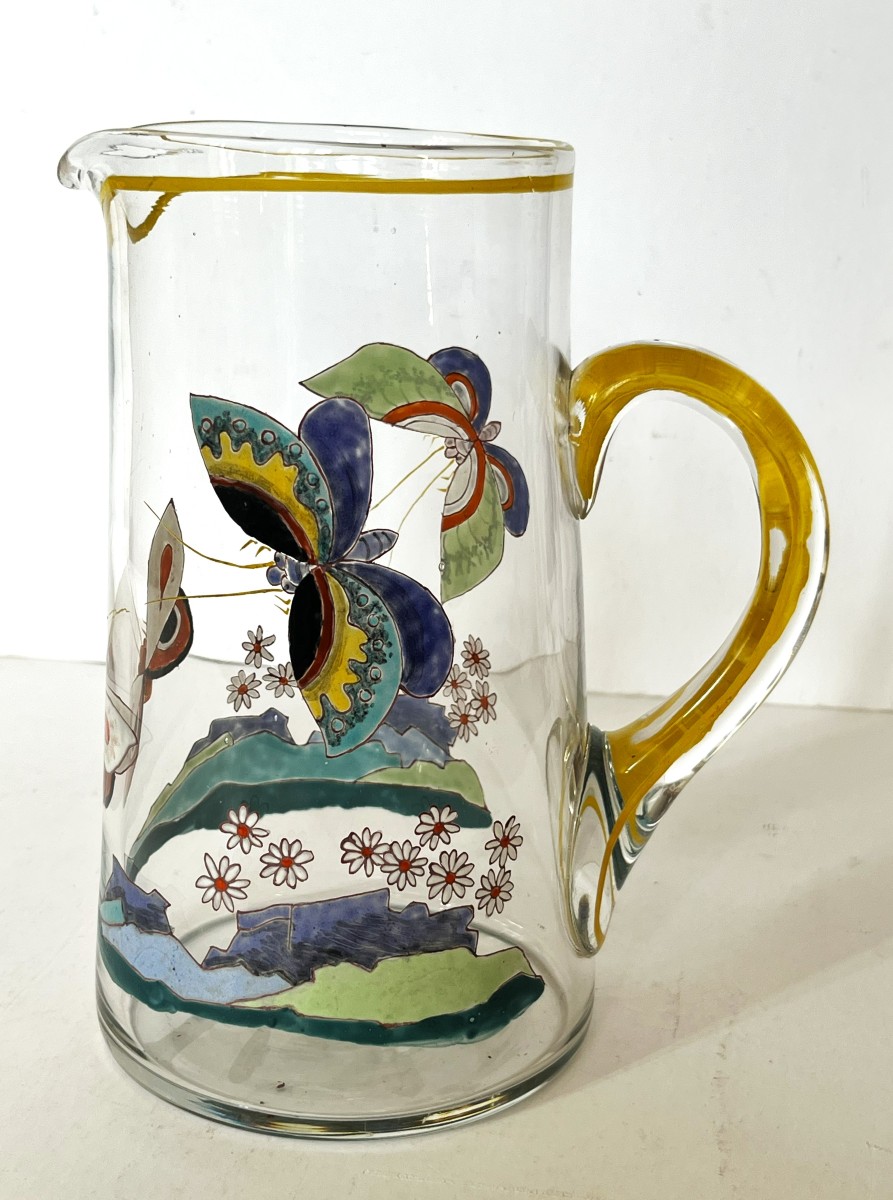 Art Deco Enameled Glass Pitcher With Butterfly Decoration