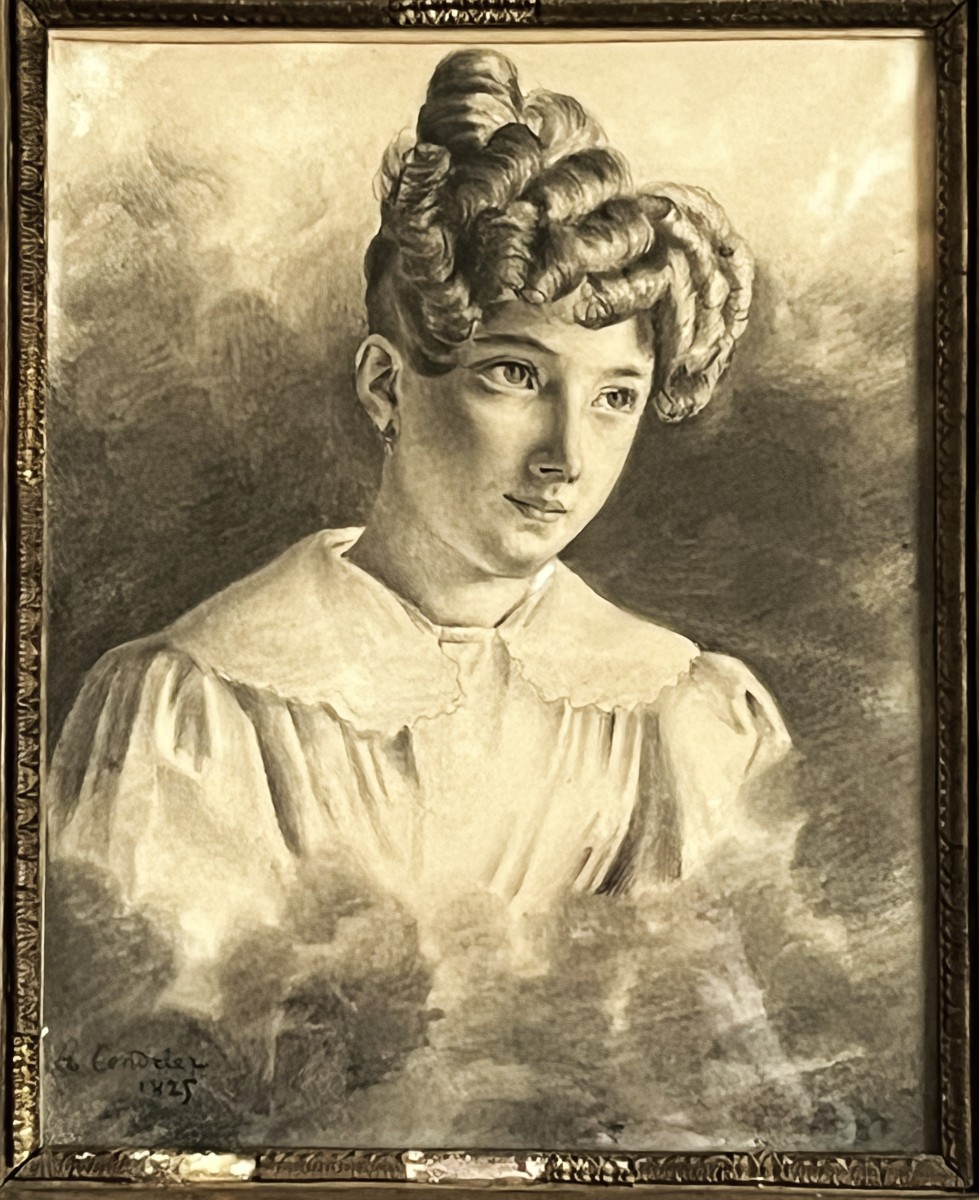 Dessin au fusain, portrait de jeune fille daté 1821 signé cendrier-photo-2