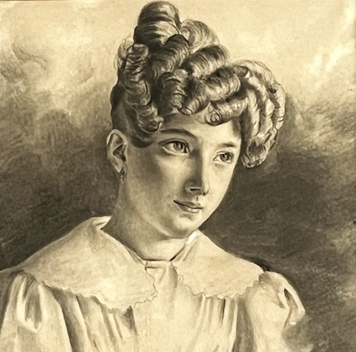 Dessin au fusain, portrait de jeune fille daté 1821 signé cendrier-photo-3