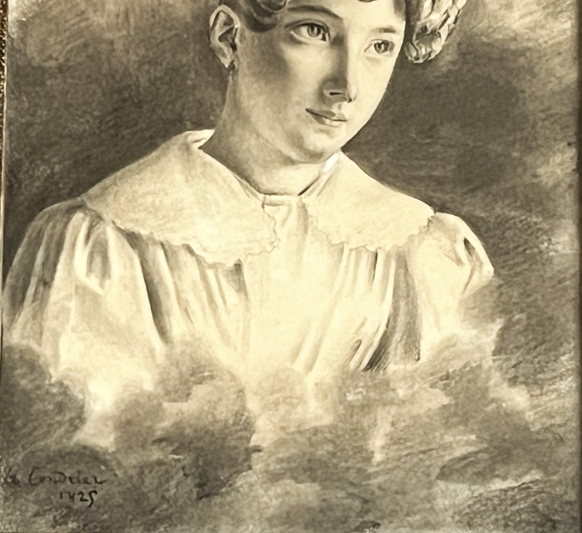 Dessin au fusain, portrait de jeune fille daté 1821 signé cendrier-photo-4