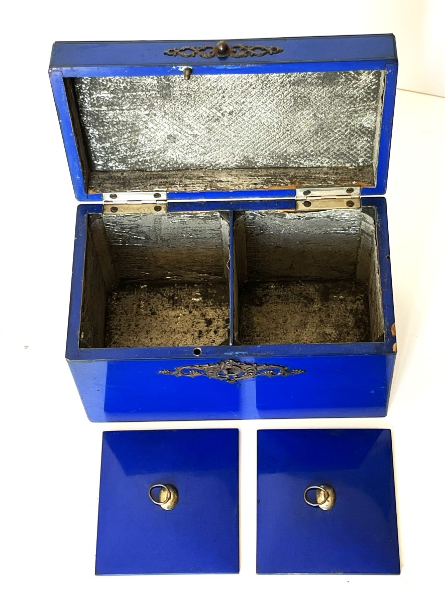 Boite à thé en laque bleu Lapis Lazuli du 19ème siècle-photo-4