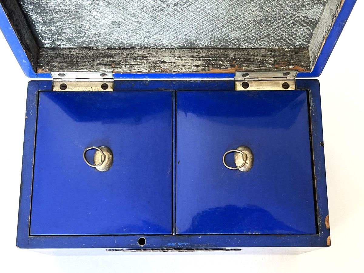 Boite à thé en laque bleu Lapis Lazuli du 19ème siècle-photo-1