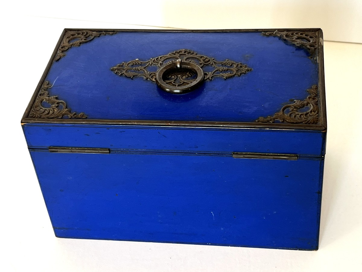 Boite à thé en laque bleu Lapis Lazuli du 19ème siècle-photo-3