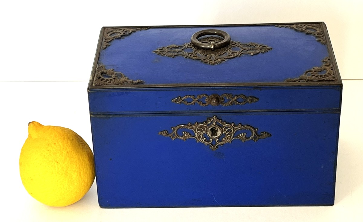 Boite à thé en laque bleu Lapis Lazuli du 19ème siècle-photo-6