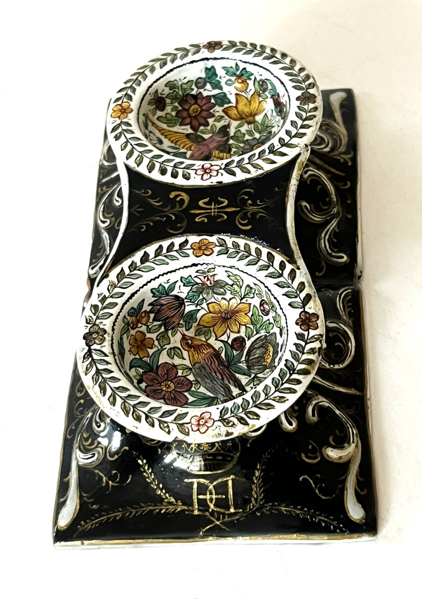 Haute époque, Renaissance, Saleron double en cuivre  émaillé avec couronne du 19ème siècle.-photo-3