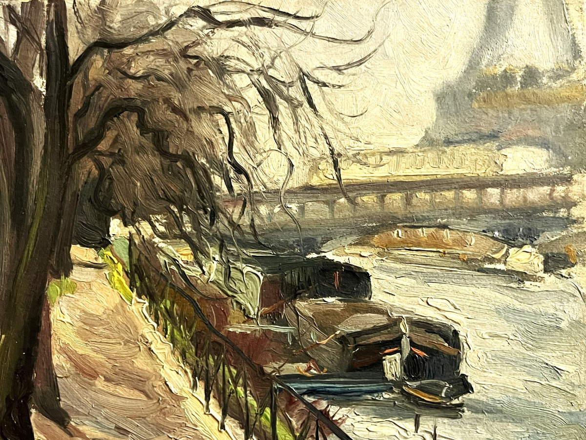 Paris, bords de Seine en 1933 par Auguste Bernard, huile sur carton-photo-1