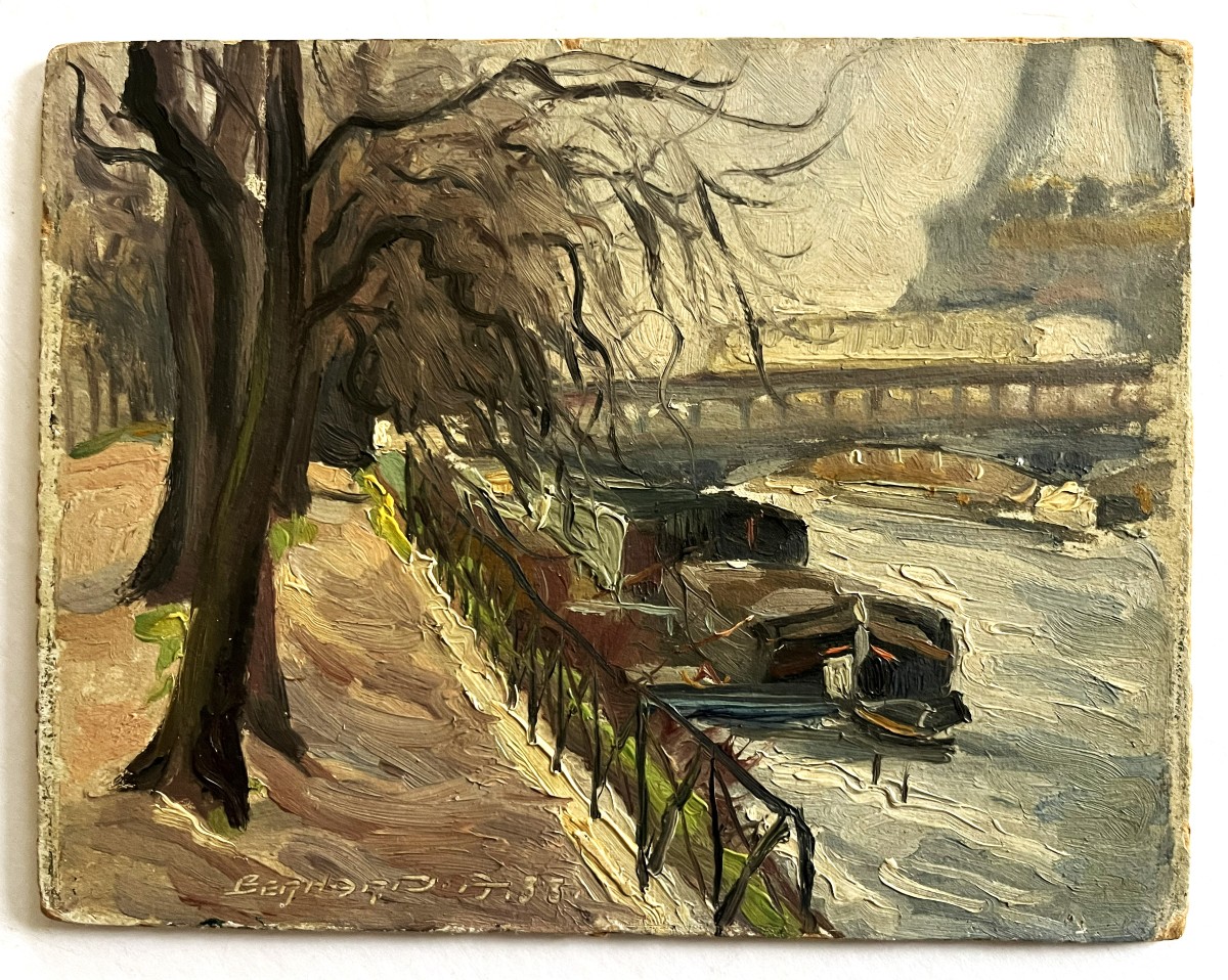 Paris, bords de Seine en 1933 par Auguste Bernard, huile sur carton