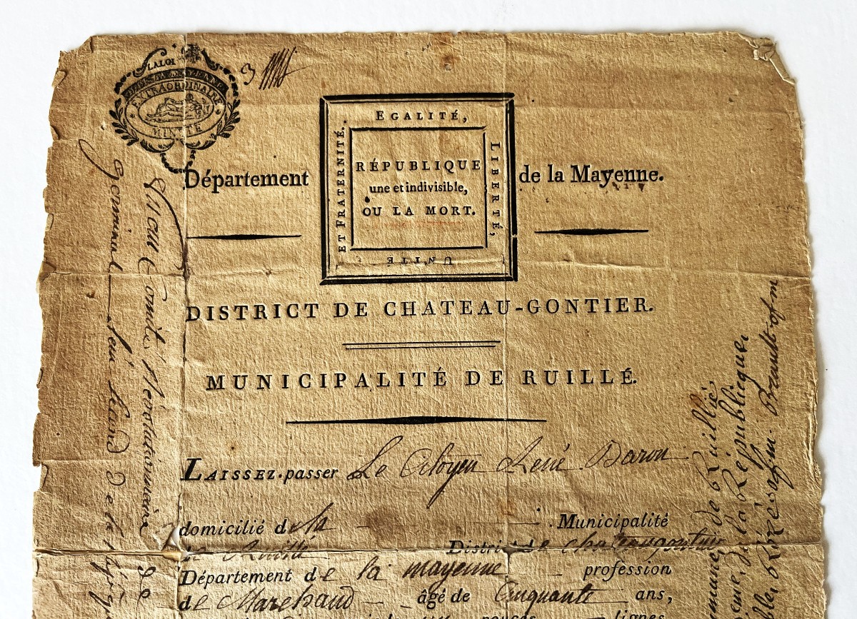 Révolution Française, laisser passer de 1793, Mayenne, Château-Gontier, Ruillé-photo-3