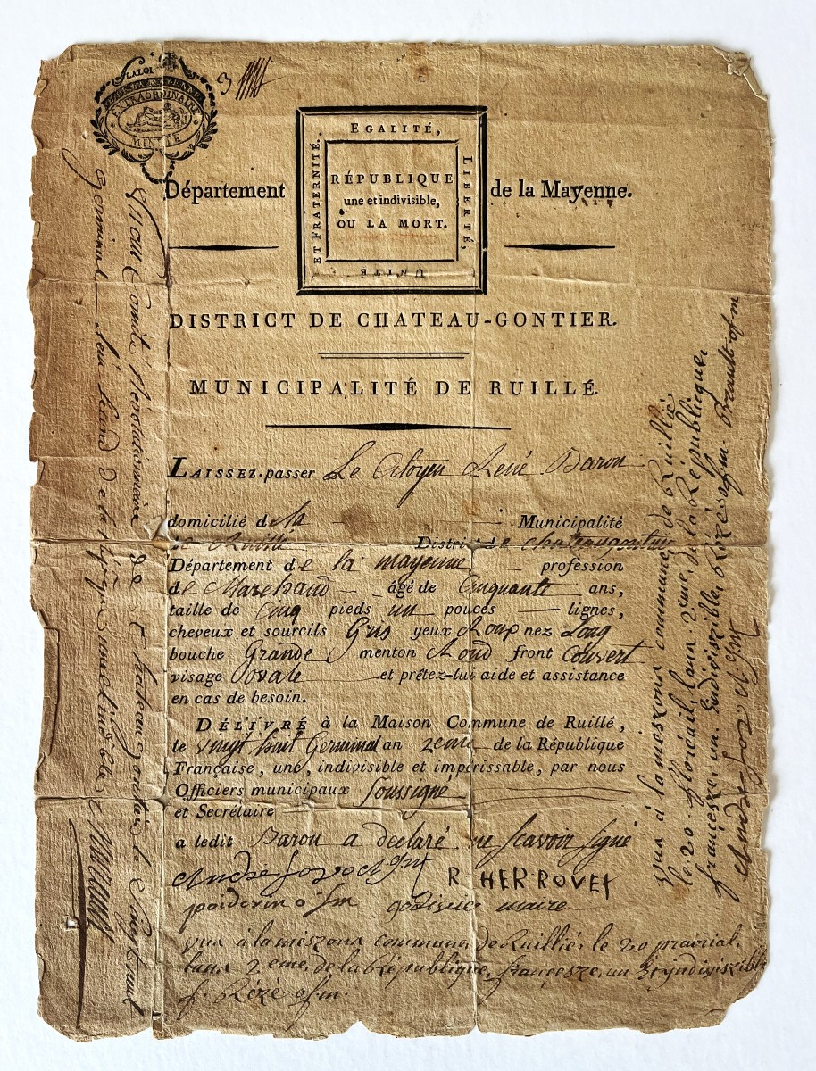 Révolution Française, laisser passer de 1793, Mayenne, Château-Gontier, Ruillé