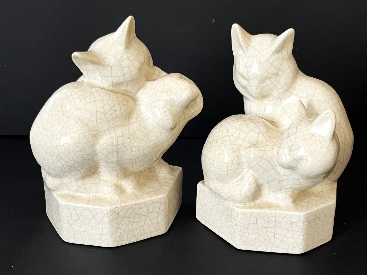 Serre livres aux Chats en céramique craquelée par Gabriel Beauvais,  circa 1930 édit Kaza