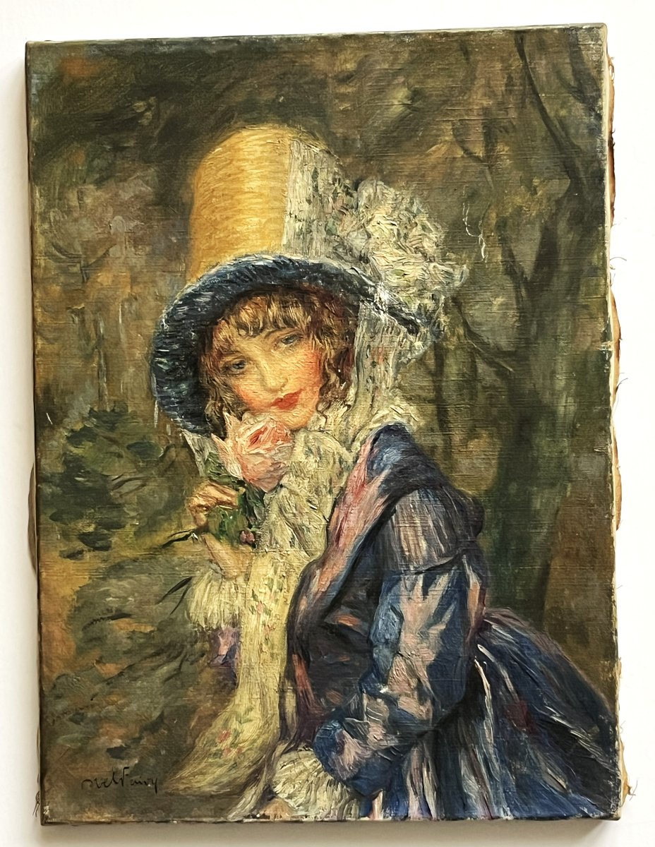 Abel Faivre 1867/1945 Portrait de jeune fille à la rose, huile sur toile-photo-1
