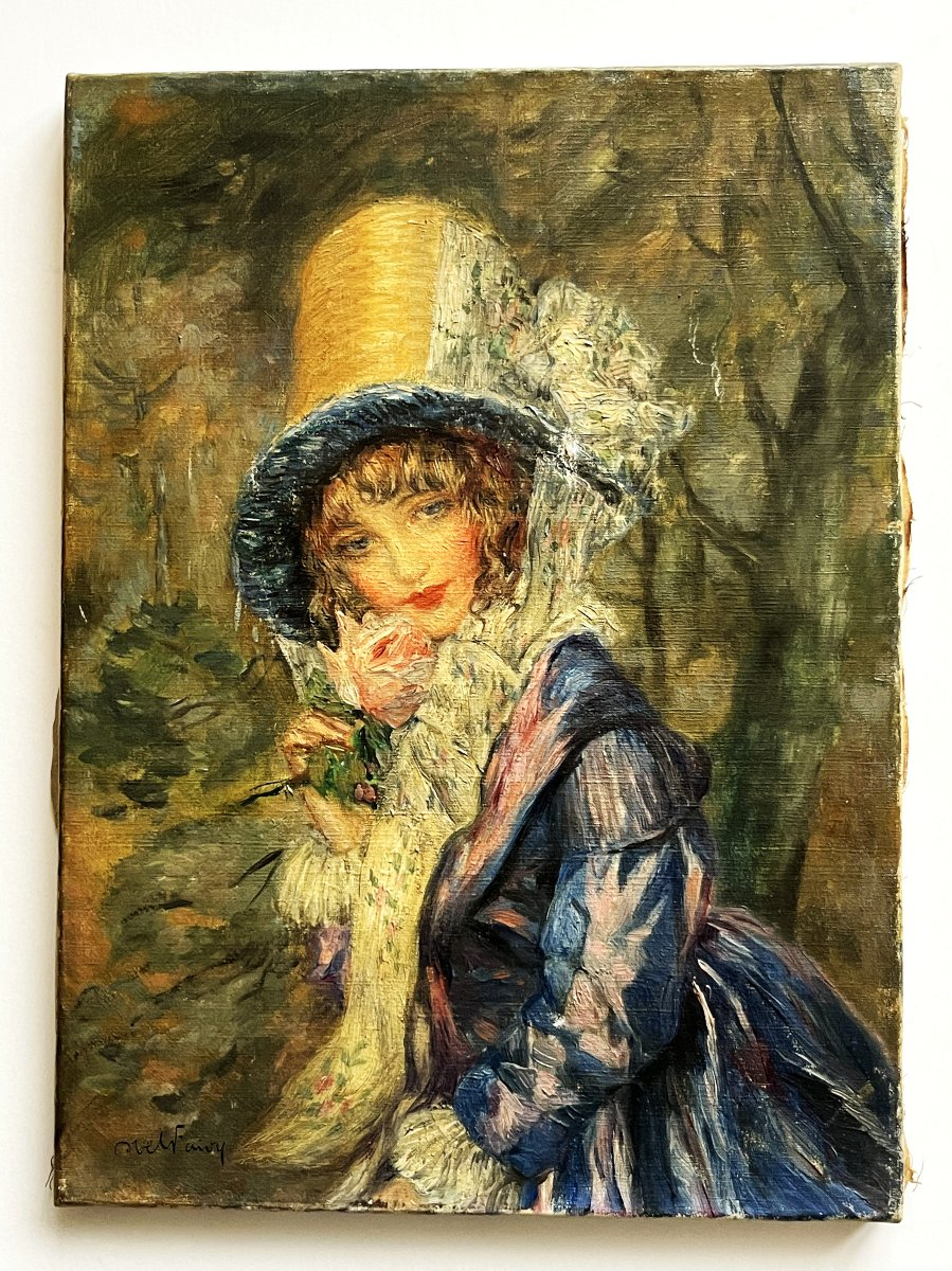 Abel Faivre 1867/1945 Portrait de jeune fille à la rose, huile sur toile