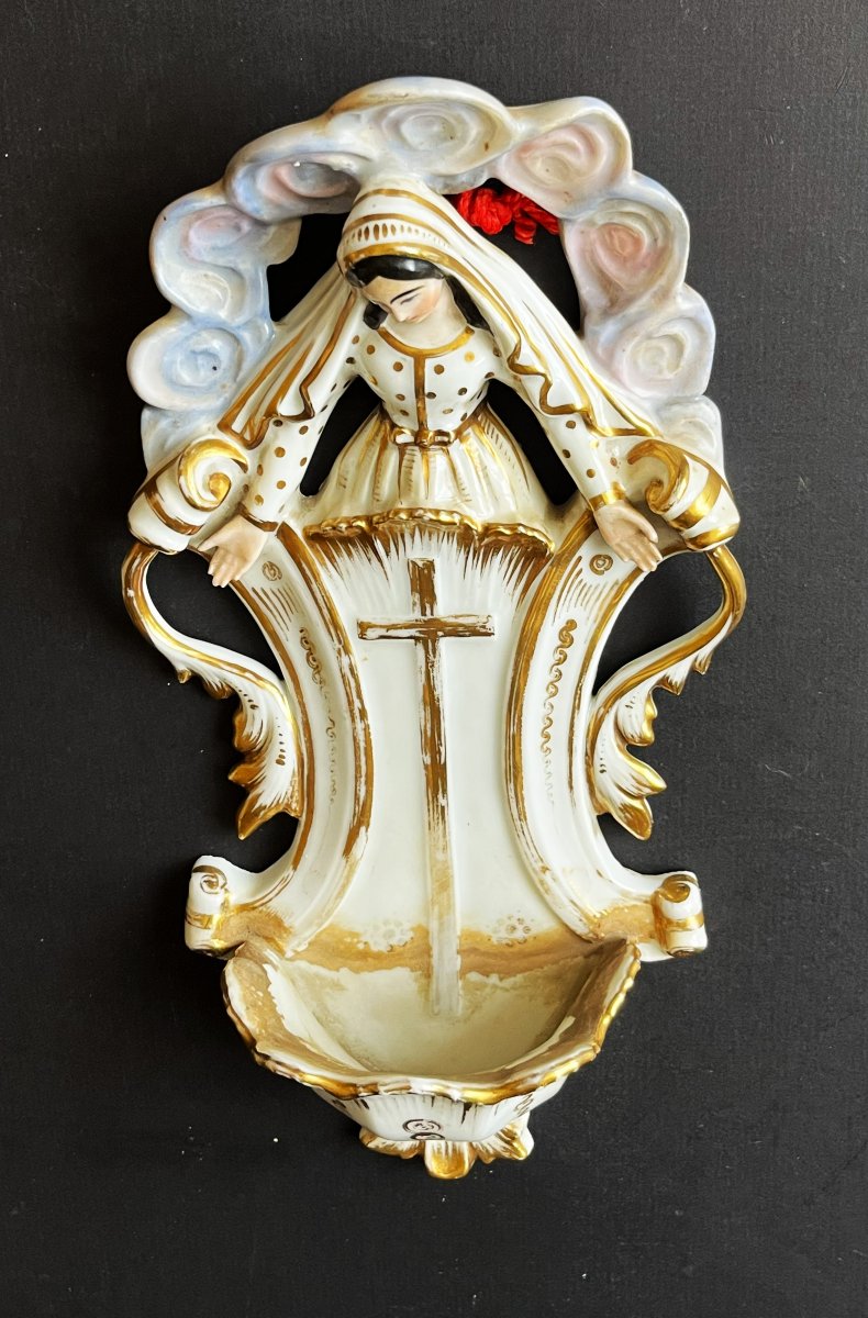 Grand Bénitier à la vierge Marie  en porcelaine de Paris d'époque Napoléon III-photo-2