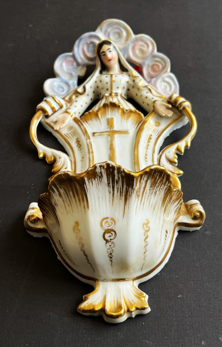 Grand Bénitier à la vierge Marie  en porcelaine de Paris d'époque Napoléon III-photo-4