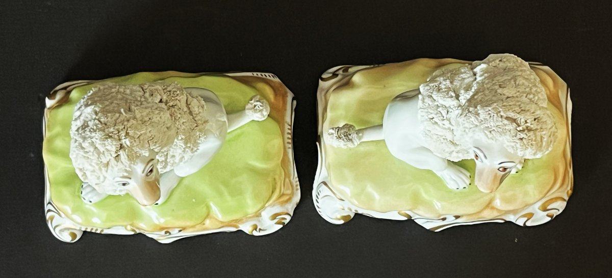 Porcelaine de Dresde, paire de  caniches royaux assis.-photo-6