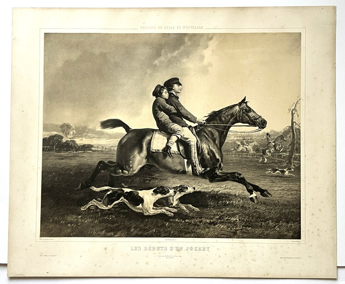 Alfred de Dreux, grande lithographie en sépia de chez Goupil 1860, "les débuts d'un Jockey"-photo-2