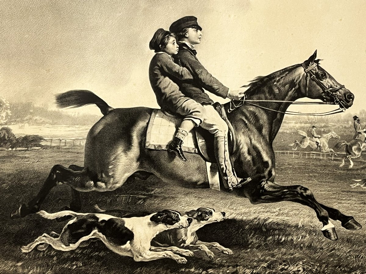 Alfred de Dreux, grande lithographie en sépia de chez Goupil 1860, "les débuts d'un Jockey"-photo-3