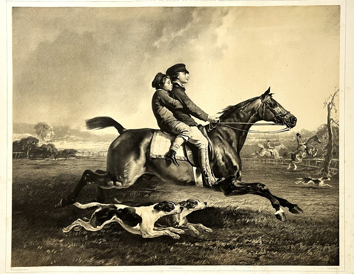 Alfred de Dreux, grande lithographie en sépia de chez Goupil 1860, "les débuts d'un Jockey"