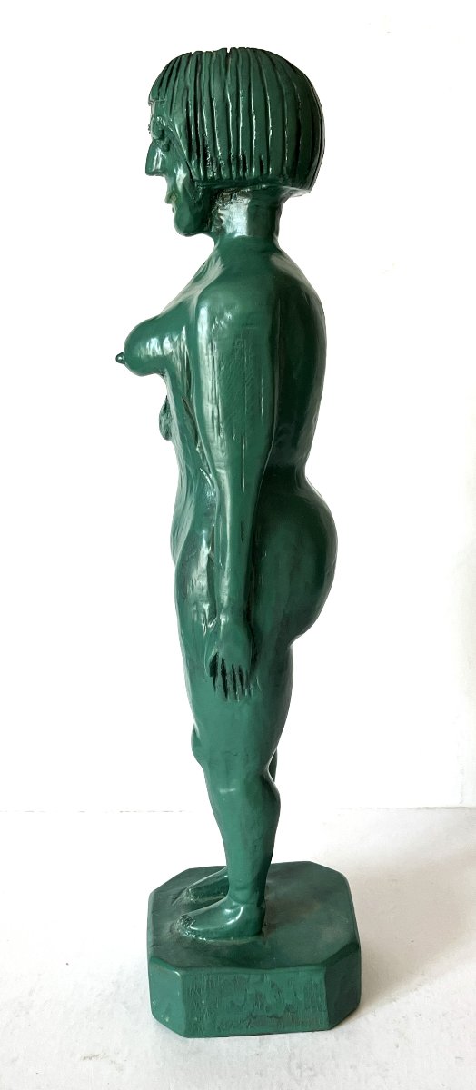 Art Brut, art naïf, la "Vénus verte" sculpture sur bois des années 30 monogrammée .-photo-2
