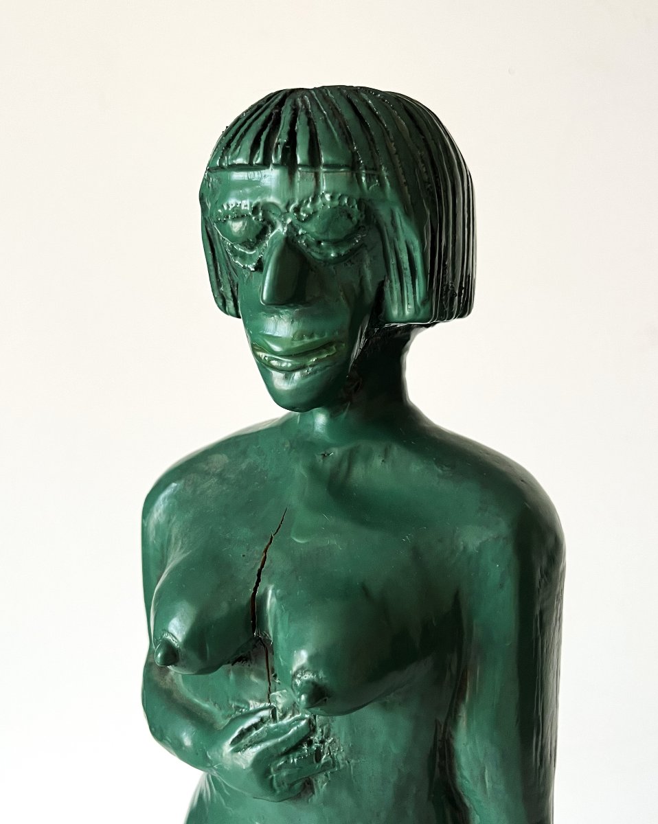 Art Brut, art naïf, la "Vénus verte" sculpture sur bois des années 30 monogrammée .-photo-1
