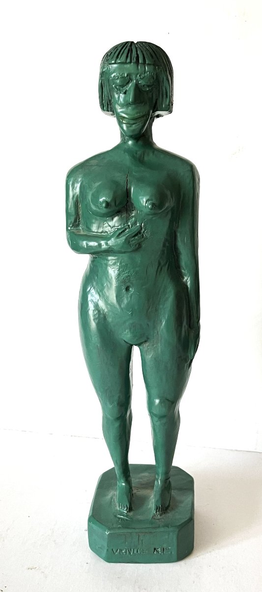Art Brut, art naïf, la "Vénus verte" sculpture sur bois des années 30 monogrammée .-photo-2