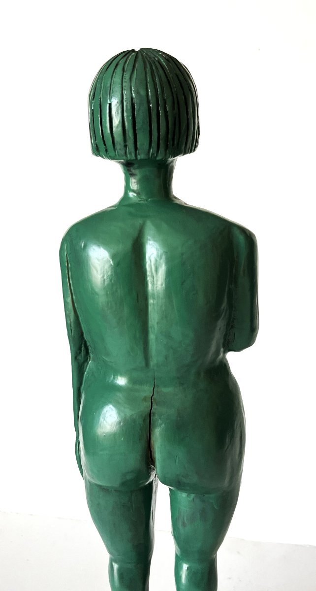 Art Brut, art naïf, la "Vénus verte" sculpture sur bois des années 30 monogrammée .-photo-4
