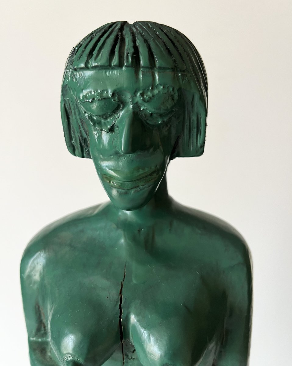 Art Brut, art naïf, la "Vénus verte" sculpture sur bois des années 30 monogrammée .-photo-8