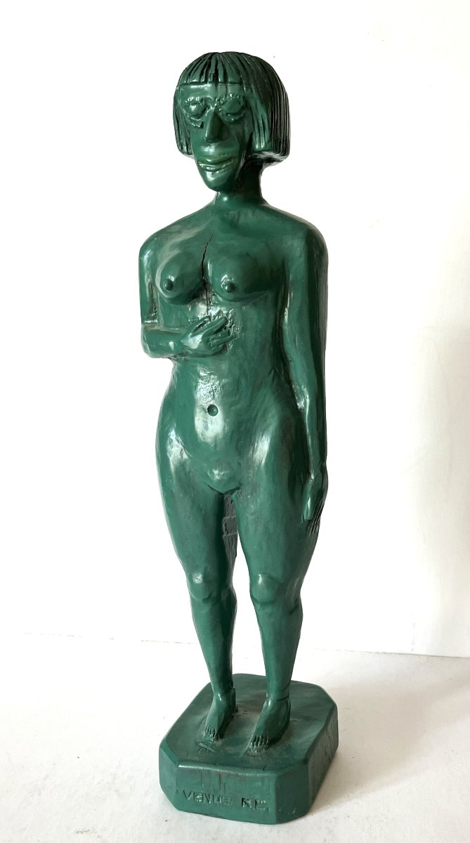 Art Brut, art naïf, la "Vénus verte" sculpture sur bois des années 30 monogrammée .