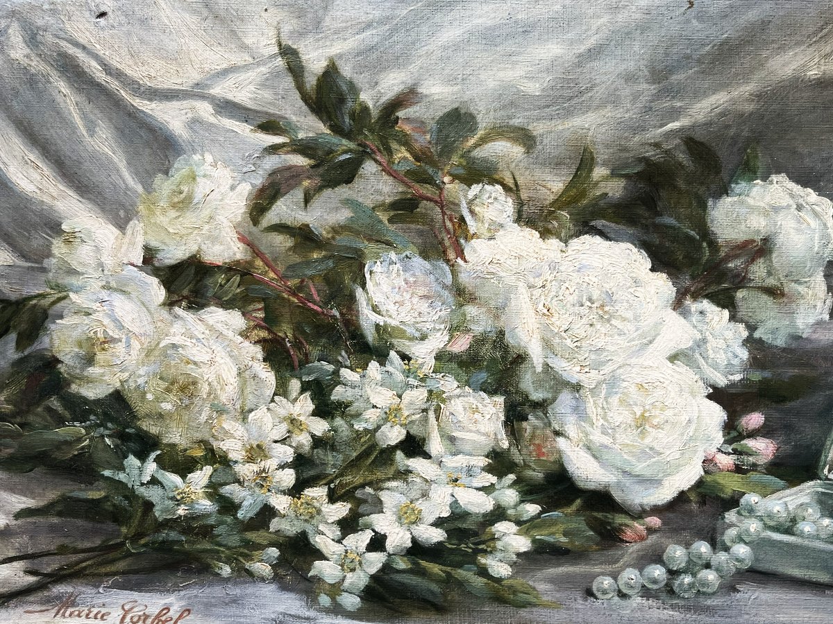 "pier Of White Roses," Oil On Canvas, Signed By Marie Corbel-photo-2