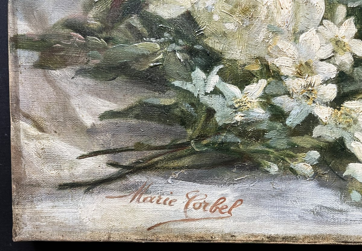 "pier Of White Roses," Oil On Canvas, Signed By Marie Corbel-photo-4