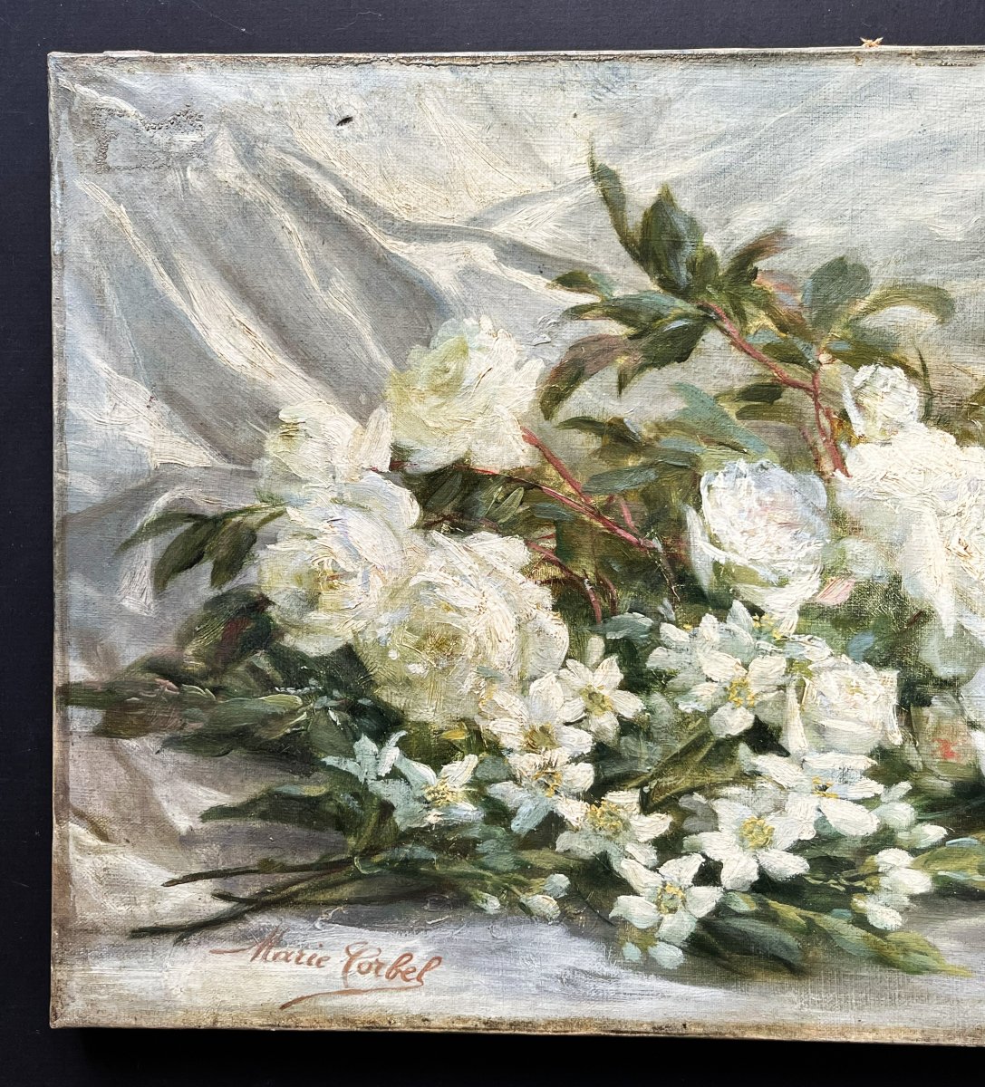 "pier Of White Roses," Oil On Canvas, Signed By Marie Corbel-photo-1