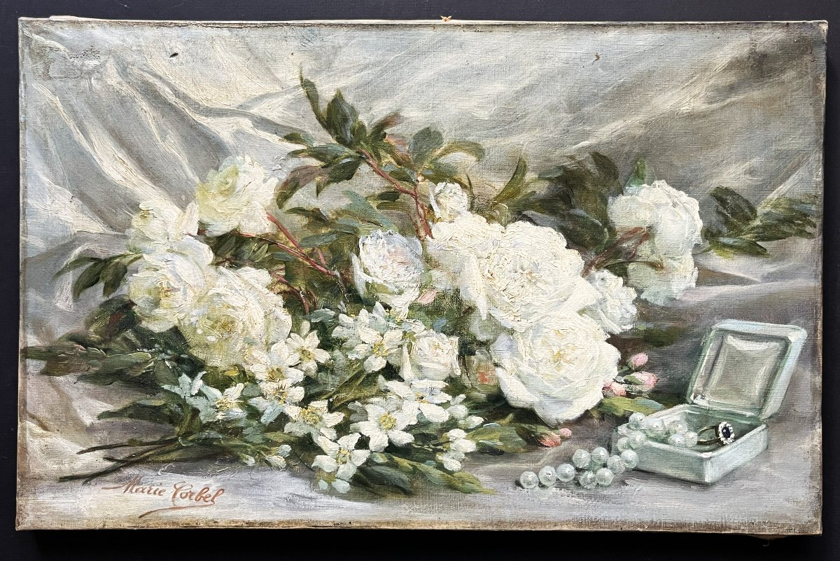 "pier Of White Roses," Oil On Canvas, Signed By Marie Corbel-photo-2