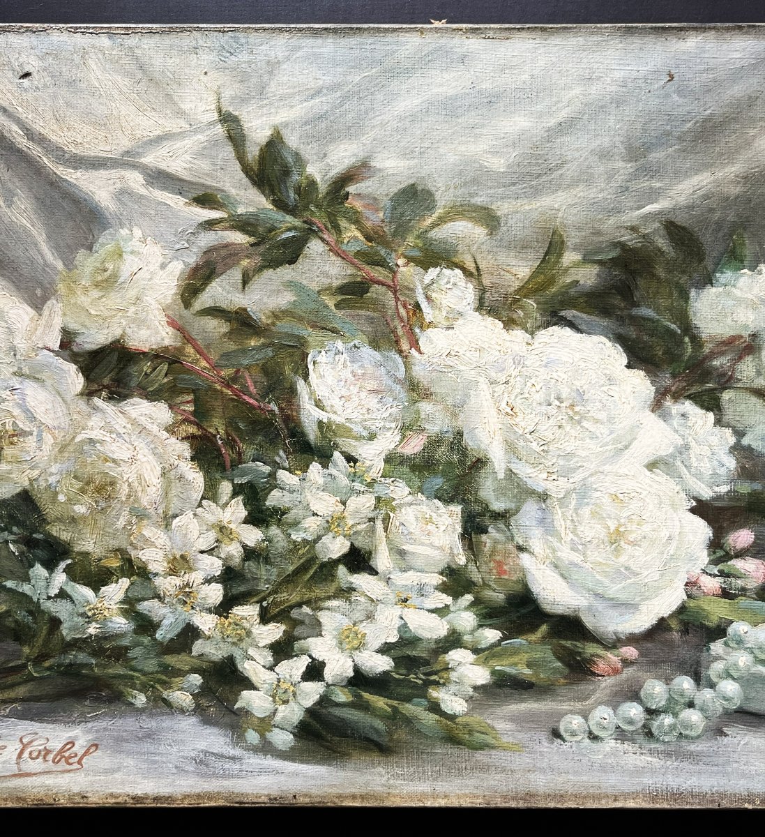"pier Of White Roses," Oil On Canvas, Signed By Marie Corbel-photo-3