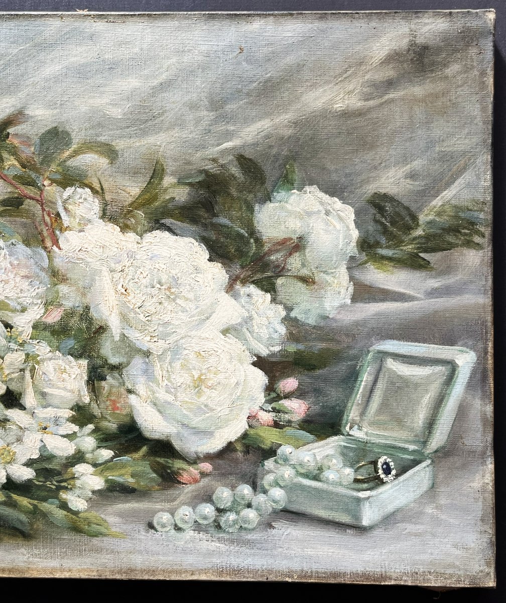 "pier Of White Roses," Oil On Canvas, Signed By Marie Corbel-photo-4