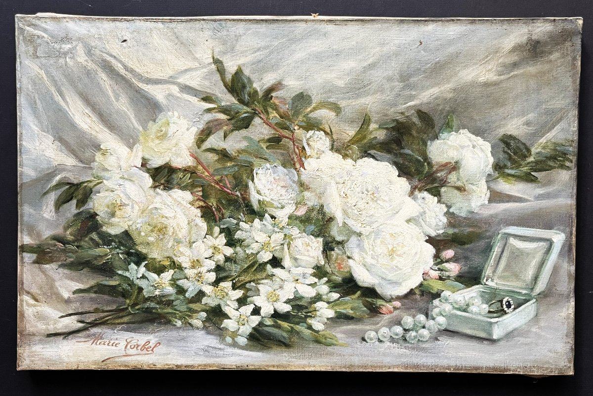 "pier Of White Roses," Oil On Canvas, Signed By Marie Corbel