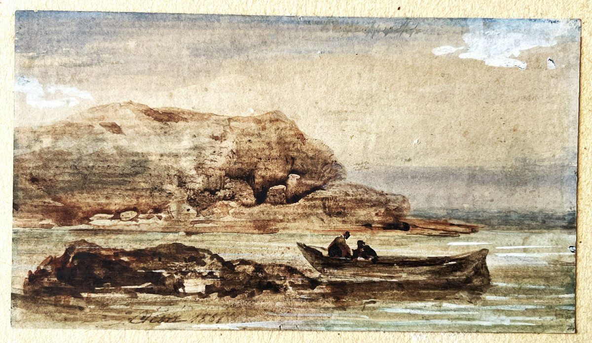 Eugène Cicéri 1813/1890 aquarelle gouachée de 1851, "pêcheurs"-photo-2