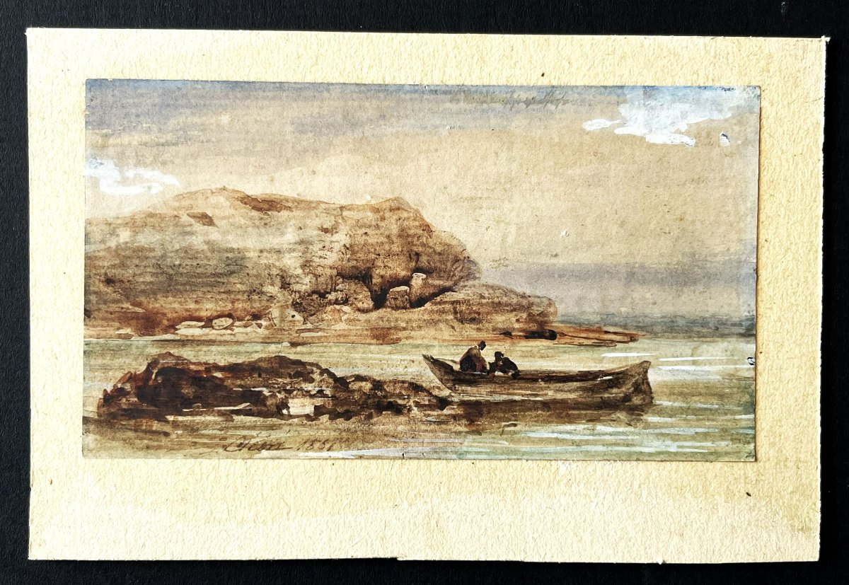 Eugène Cicéri 1813/1890 aquarelle gouachée de 1851, "pêcheurs"