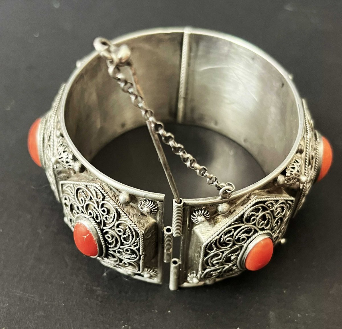 Berber (kabyle) Bracelet Made Of Silver And Coral, With A Silver Hallmark Featuring A Crab.-photo-2