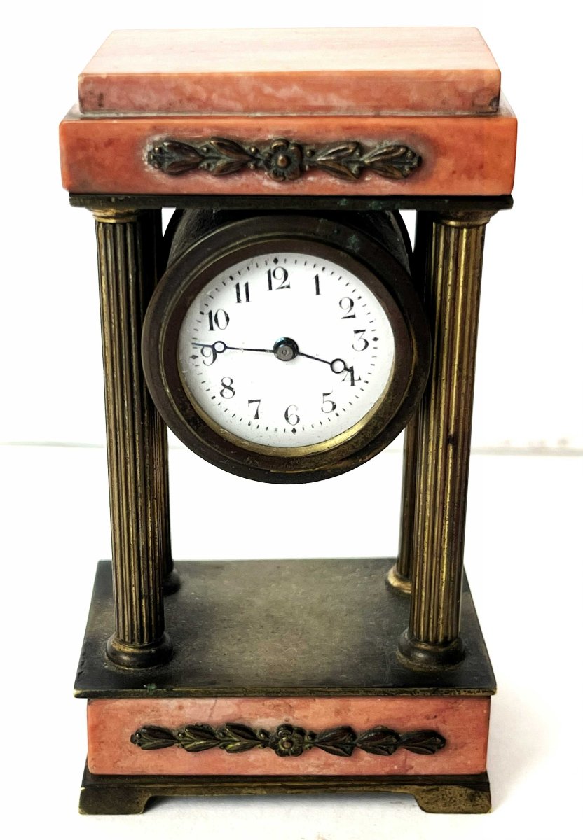 8.4-cm Empire-style Miniature Clock, Marble And Bronze, 19th Century