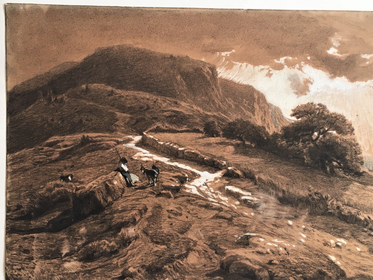 Amédée Baudit 1825/1890 Landscape Of The Pyrenees Large Drawing-photo-3