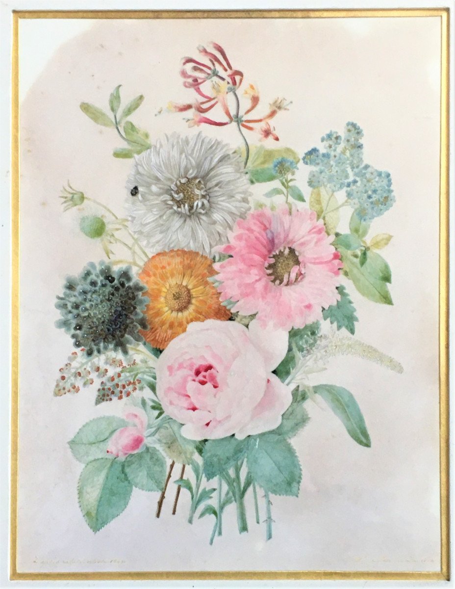 Aquarelle Sur Vélin (parchemin) Datée  1847  Et Signée, Bouquet De Fleurs-photo-3