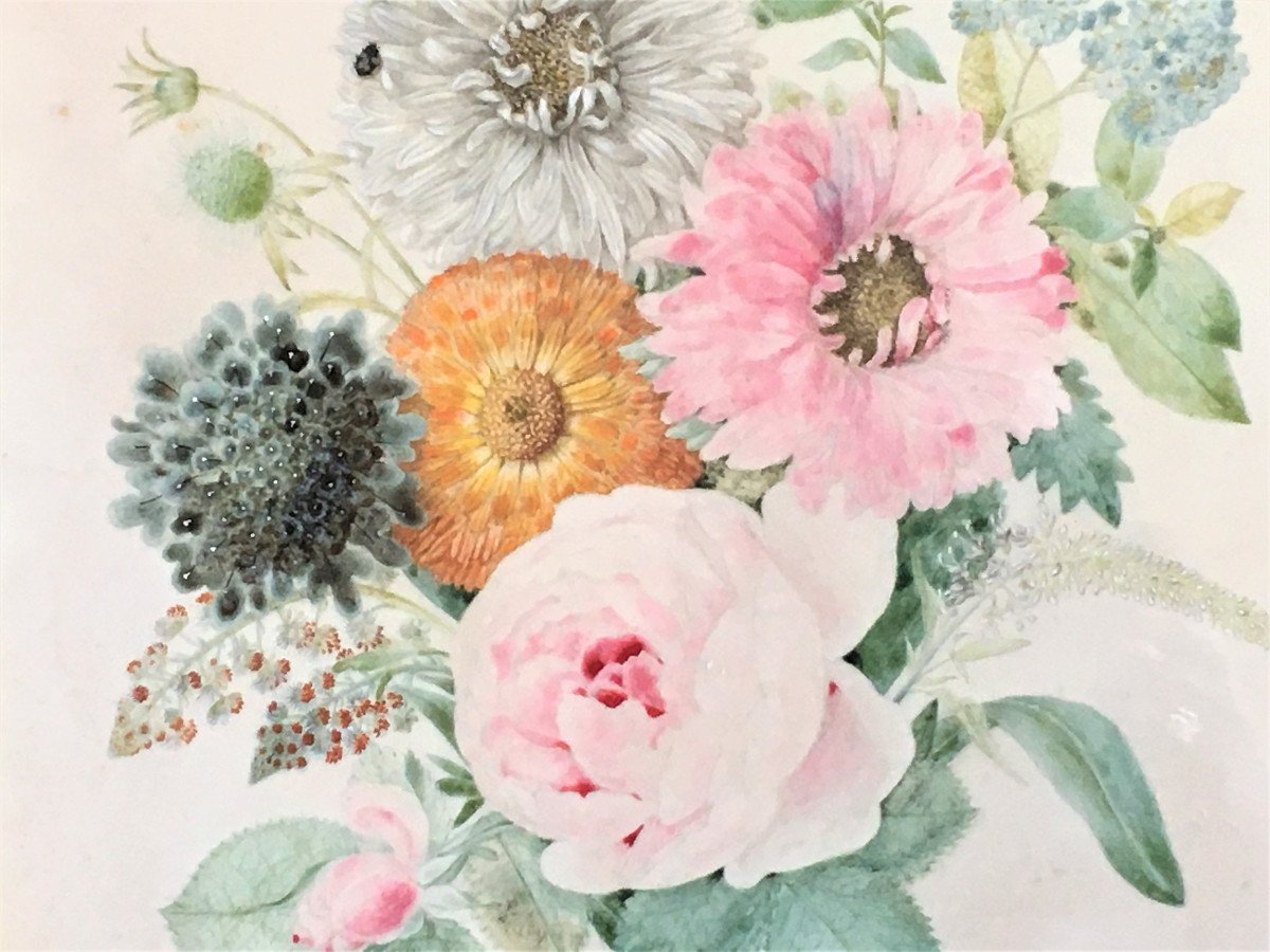 Aquarelle Sur Vélin (parchemin) Datée  1847  Et Signée, Bouquet De Fleurs-photo-6