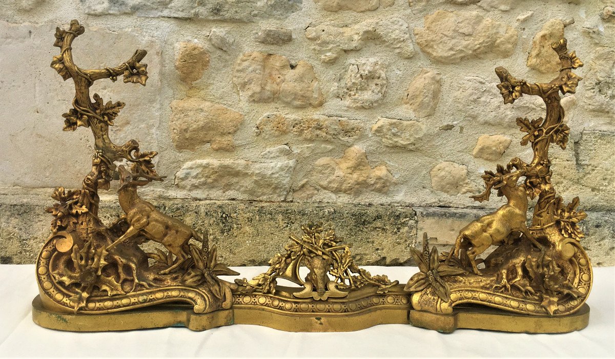 Front Of Fire With Vènery Decor In Gilt Bronze From The 19th