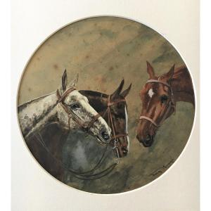 Aquarelle trois portraits de chevaux, signature à identifier, fin 19ème début 20ème 