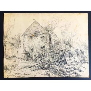 Marcel Durieux, Attack In The Somme July 1916, Pen Drawing, Foreign Legion