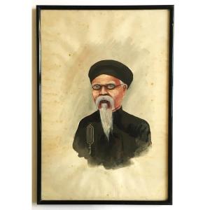 Indochina, Vietnam, Portrait Of A Scholar, Signed Watercolor.