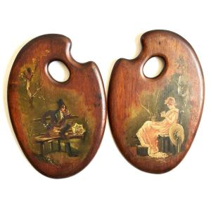 Pair Of 19th Century Painted Palettes "muscadin And Elegant"