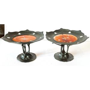 Val Saint Lambert et Orivit, paire de coupes Art Nouveau 